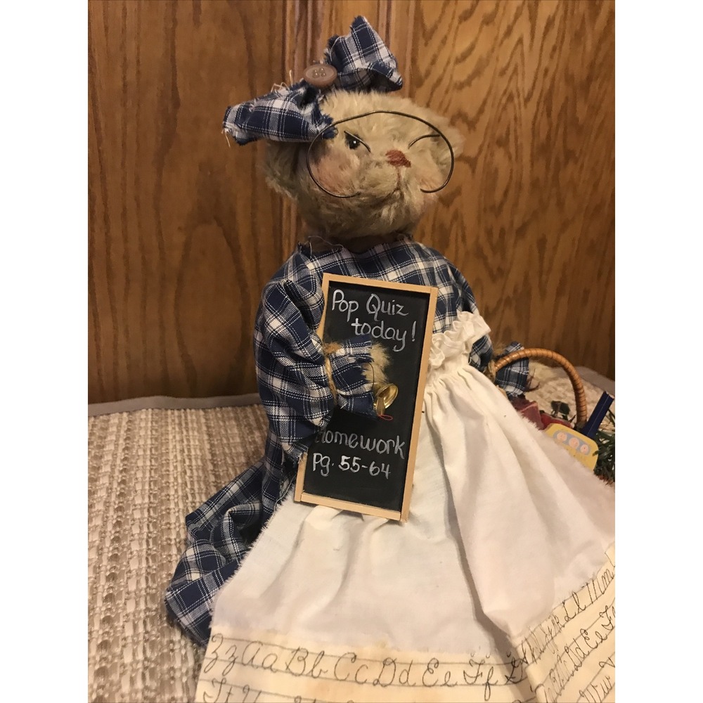 Vintage Country‎ Teacher Bear Doll Plaid Dress Chalkboard Basket Decor - Picture 2 of 8